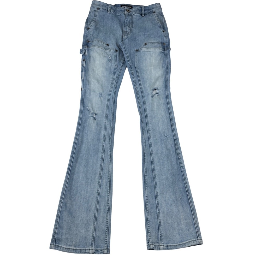 Serenede Stacked Carpenter Jeans Mens 34X35 Distressed Light Denim Streetwear